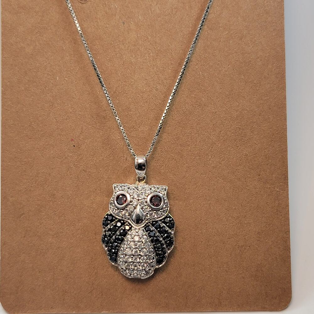 Vintage Sterling Silver Owl Pendant Necklace with Black and Clear CZ 925 Stamped
